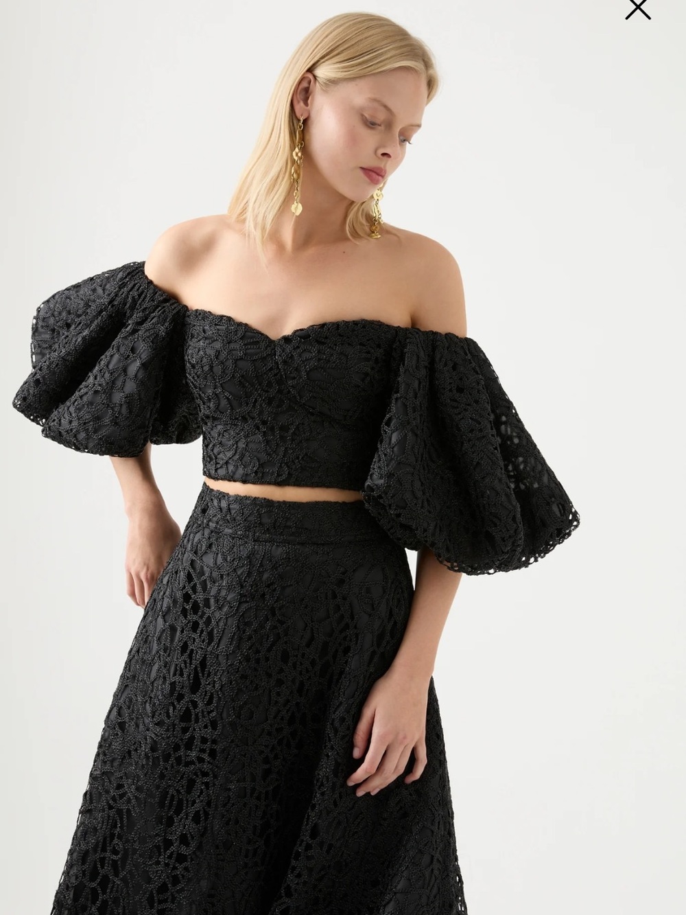 NWT: Aje size 2 Patina Lace Top Black  Off-Shoulder Puff Sleeve Crop Top